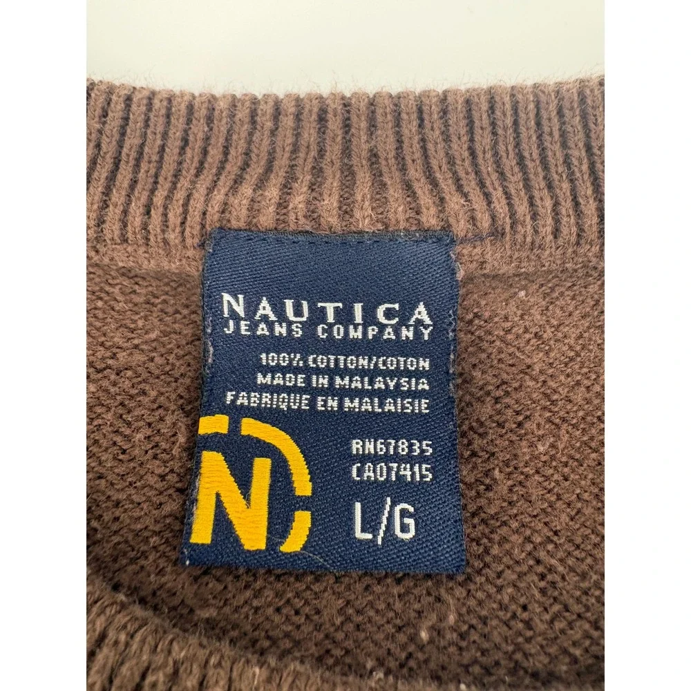 Nautica Jeans Company Sweater Mens Large‎ Pullover Brown Pink Stripe Cotton L